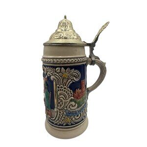Vintage Gerz West Germany Handcrafted Beer Stein Pewter Lid & Bavarian Scenes